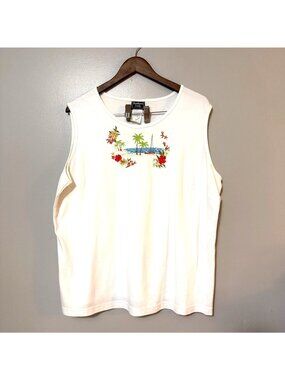 Southern Lady Womens White Sleeveless Tank Top With Tropical Embroidery 2X